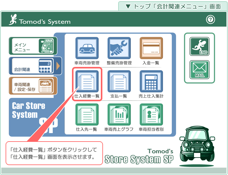 自動車･車両販売管理ソフト「Car Store System SP」の操作マニュアル／トップ「会計メニュー」画面