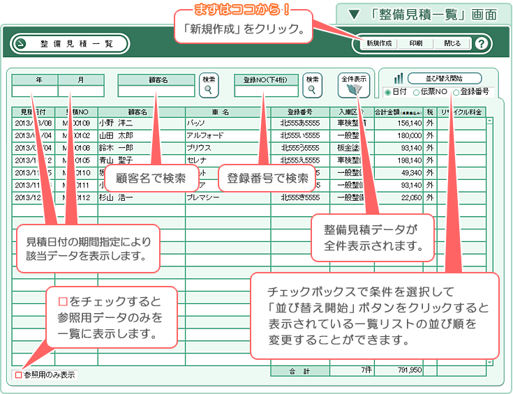 自動車･車両販売管理ソフト「Car Store System SP」の操作マニュアル／整備「見積一覧」画面