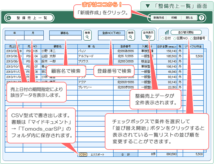 自動車･車両販売管理ソフト「Car Store System SP」の操作マニュアル／「整備売上一覧」画面