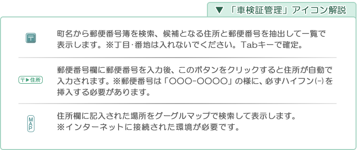 自動車･車両販売管理ソフト「Car Store System SP」「車検証管理」アイコン解説