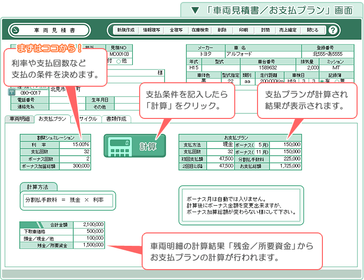 自動車･車両販売管理ソフト「Car Store System SP」の操作マニュアル／「車両見積書／お支払プラン」画面