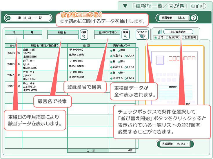 自動車･車両販売管理ソフト「Car Store System SP」の操作マニュアル／「車検証一覧／はがき」画面　その1