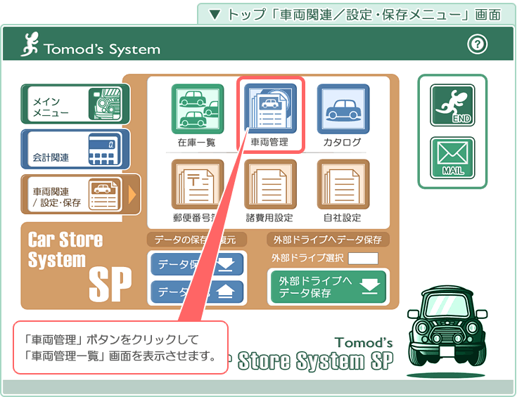 自動車･車両販売管理ソフト「Car Store System SP」の操作マニュアル／トップ「車両関連･設定･保存メニュー」画面