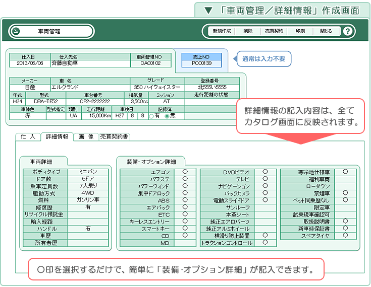 自動車･車両販売管理ソフト「Car Store System SP」「車両管理／詳細情報」作成画面