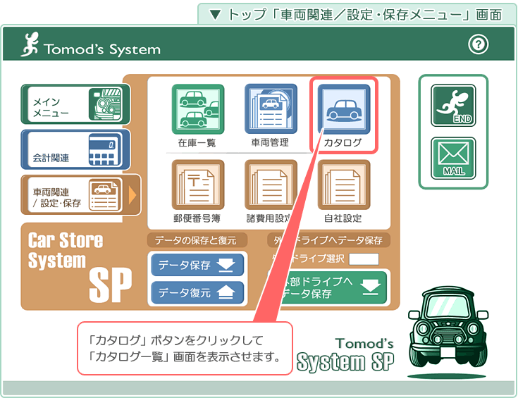 自動車販売管理ソフト「Car Store System SP」の操作マニュアル／トップ「車両関連･設定･保存メニュー」画面