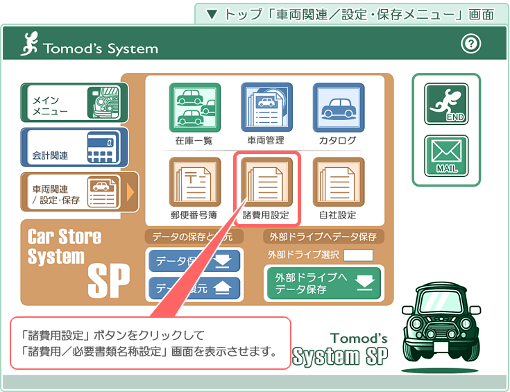 自動車販売管理ソフト「Car Store System SP」の操作マニュアル／トップ「車両関連･設定･保存メニュー」画面