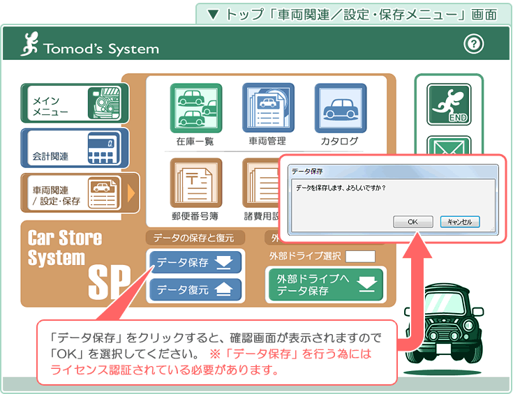 自動車･車両販売管理ソフト「Car Store System SP」の操作マニュアル／トップ「車両関連･設定･保存メニュー」画面