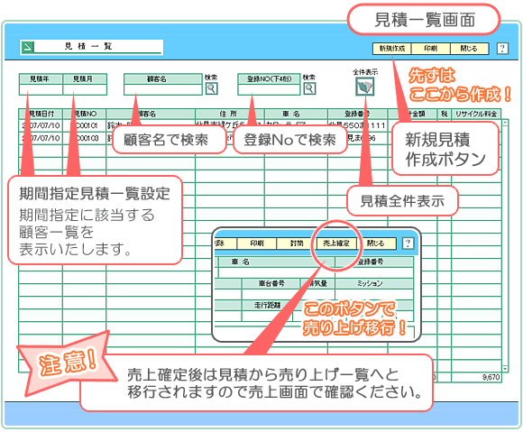 自動車･車両販売管理ソフト「Car Store System」の見積一覧画面