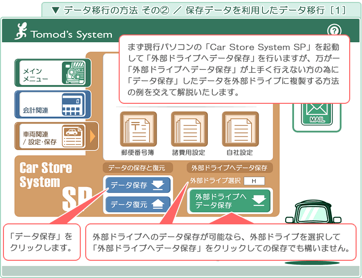 自動車･車両販売管理ソフト「Car Store System SP」の操作マニュアル／「車両関連･設定･保存メニュー」画面