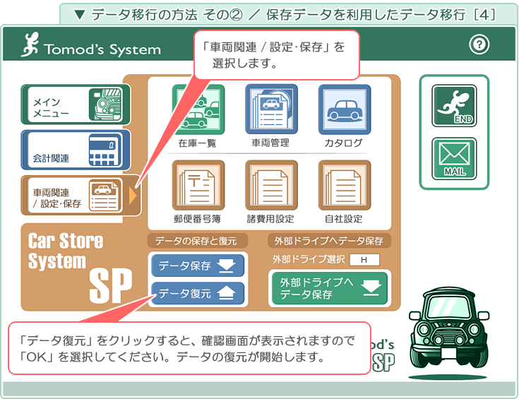 自動車･車両販売管理ソフト「Car Store System SP」の操作マニュアル／データ移行の方法 その2 ／ 保存データを利用したデータ移行［4］