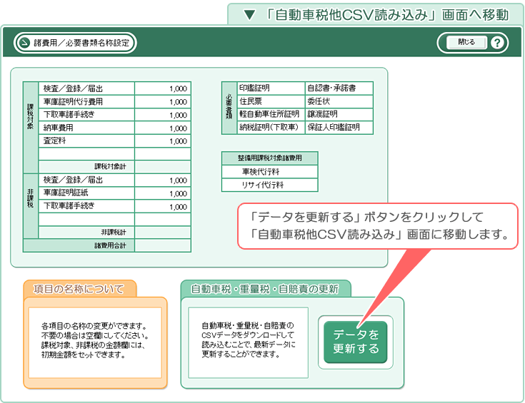 自動車販売管理ソフト「Car Store System SP」「自動車税他CSV読み込み」画面へ移動