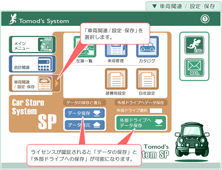 自動車販売管理ソフト「Car Store System SP」ライセンス認証の確認「車両関連／設定･保存」