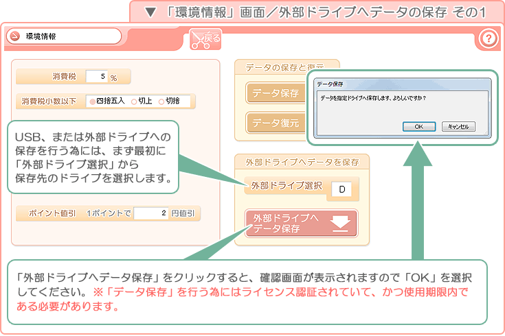 美容室・エステ予約販売管理ソフト「Tomods Beauty」／「環境情報」画面／データの保存 その1