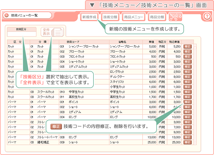 美容室・エステ予約販売管理ソフト「Tomods Beauty」／「技術メニューの一覧」画面