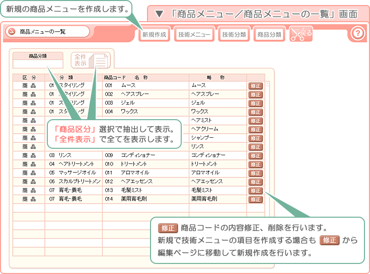 美容室・エステ予約販売管理ソフト「Tomods Beauty」／「商品メニューの一覧」画面