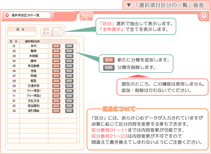 美容室・エステ予約販売管理ソフト「Tomods Beauty」／「選択項目区分の一覧」画面